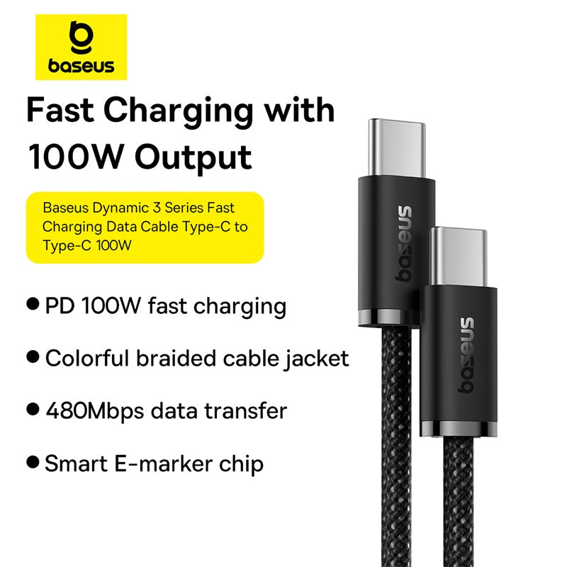 Baseus Dynamic 3 Series 100W USB-C to USB-C Fast Charging Cable (1M, Slate Grey) – High-Speed Power & Data
