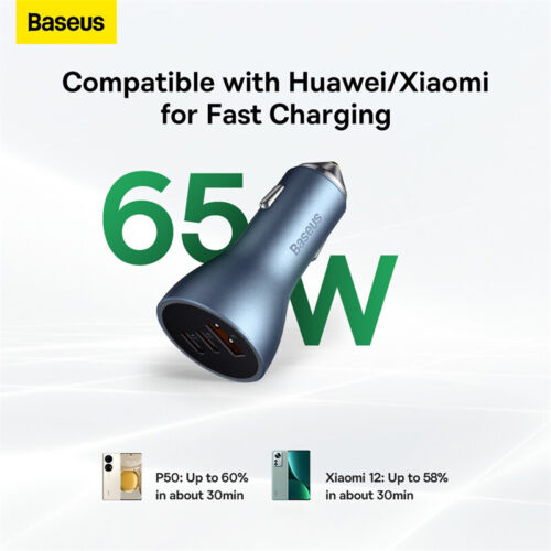 Baseus 65W Golden Contactor Pro Car Charger – Triple Fast Charging | USB + Dual Type-C