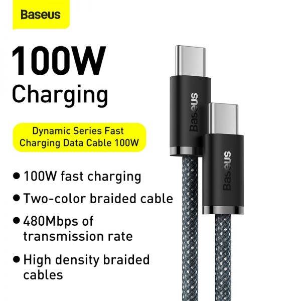 Baseus Dynamic 3 Series 100W USB-C to USB-C Fast Charging Cable (1M, Slate Grey) – High-Speed Power & Data
