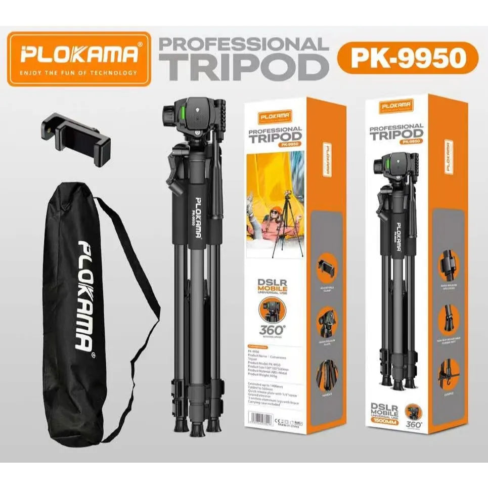 Plokama PK-9950 Pro Tripod – Heavy-Duty, Adjustable & Portable Camera Stand for DSLR & Smartphones
