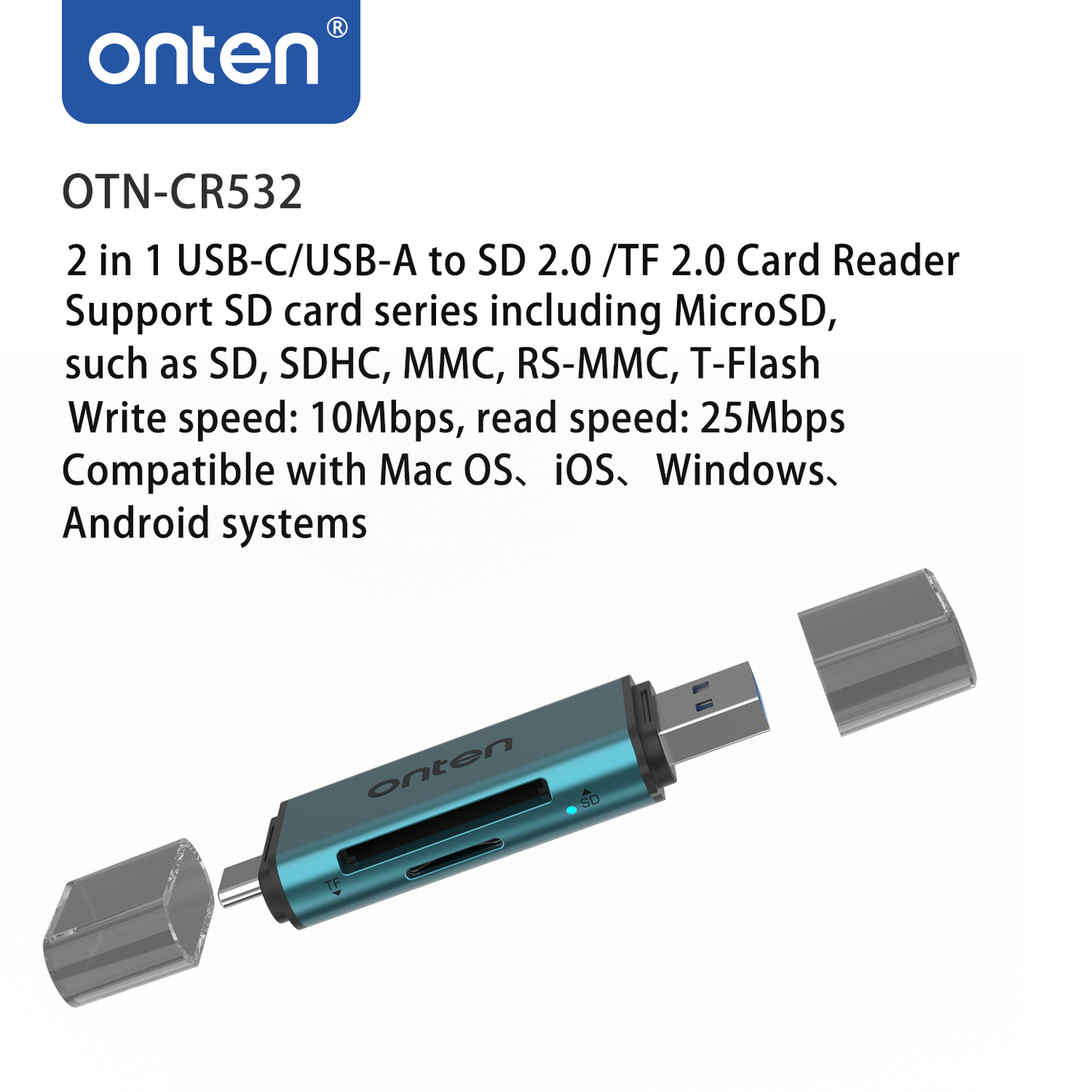 Onten CR531 2-in-1 Type-C & USB Card Reader – High-Speed Data Transfer for SD & MicroSD Cards