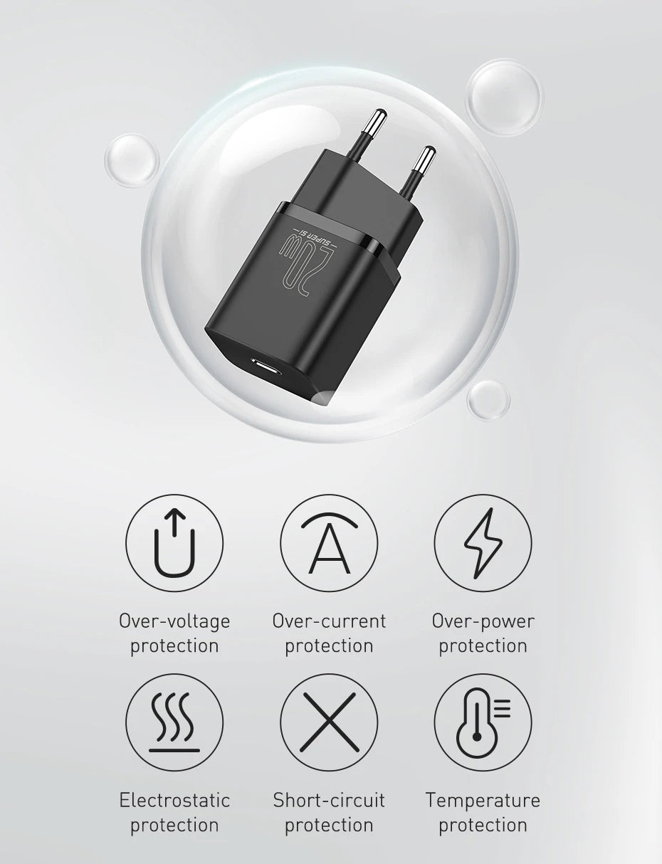 Baseus Super Si 20w Quick Charger with ip to c cable