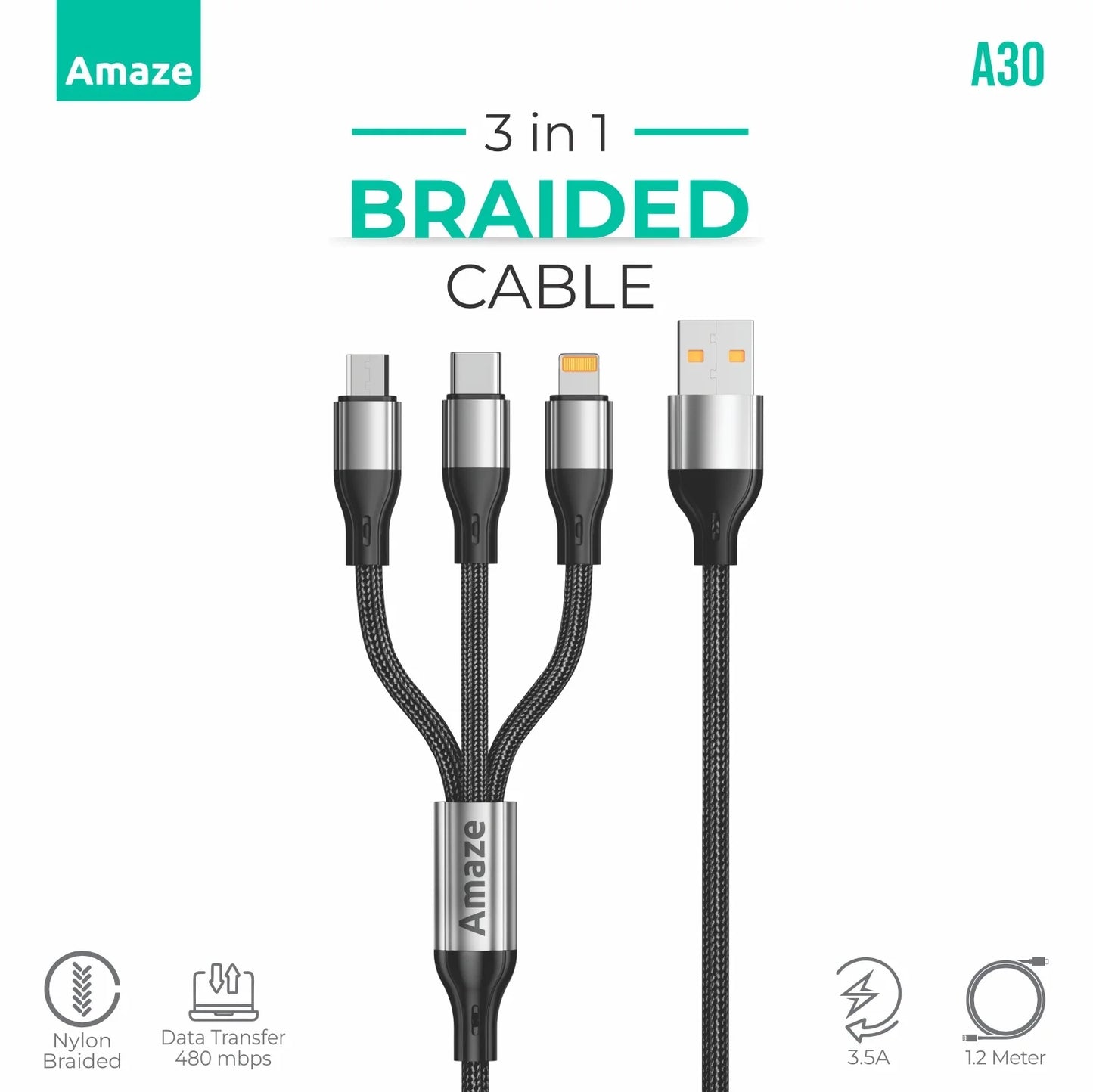 Amaze 3-in-1 Braided Cable A30 – Fast Charging & Data Sync | Best Price in Pakistan