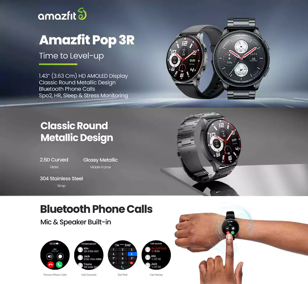 AmazFit POP 3R Smart Watch – AMOLED Display, Bluetooth Calling | Best Price in Pakistan