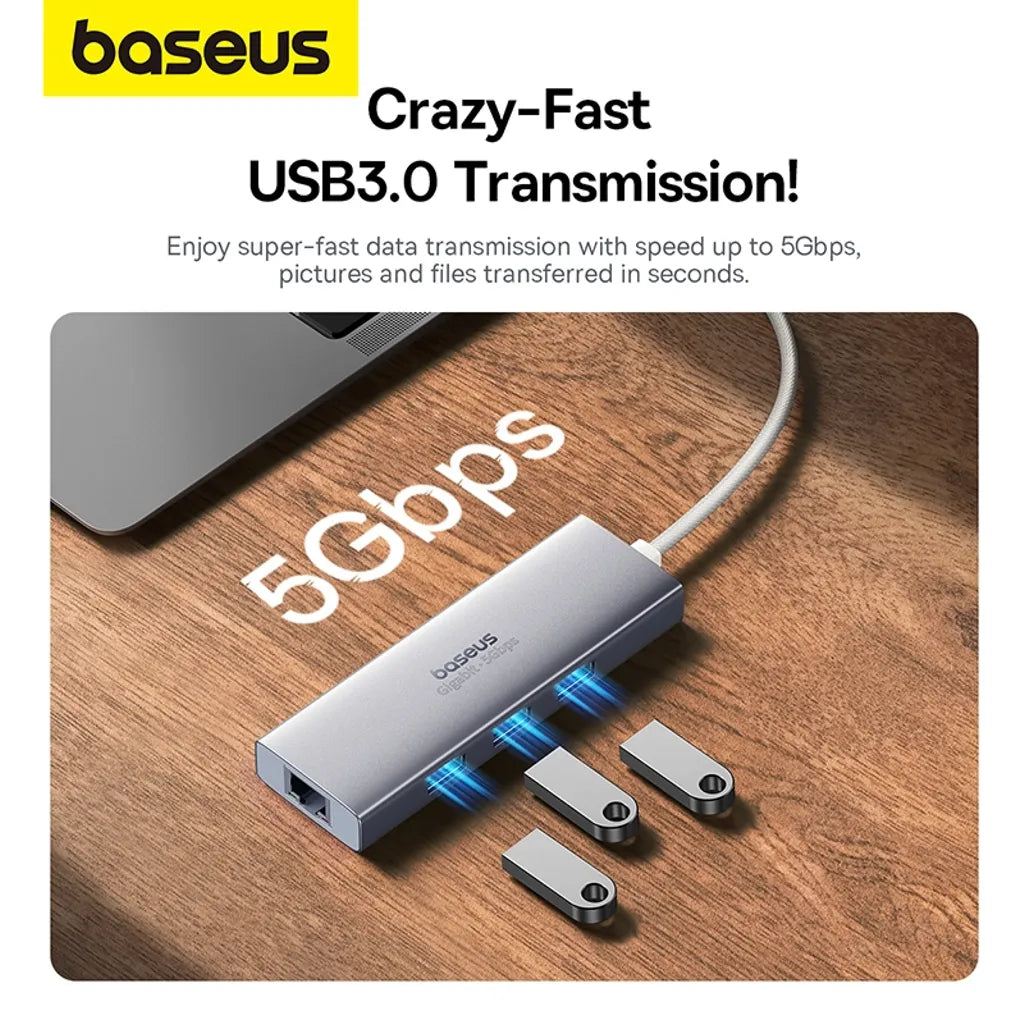 Baseus 4-Port HUB USB-C to 3x USB-A 3.0 + RJ45 – Best Price in Pakistan