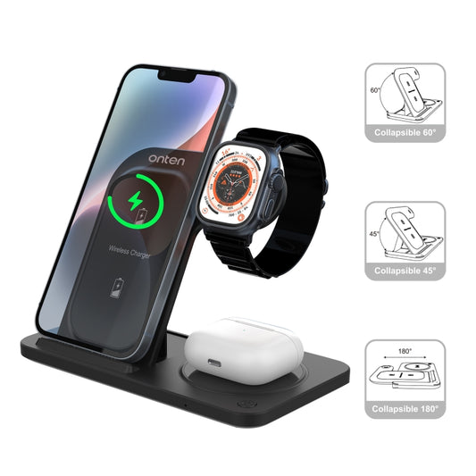 Onten CW11 3-in-1 Folding Wireless Charger (Black) – Fast Charging for Phone, Watch & Earbuds