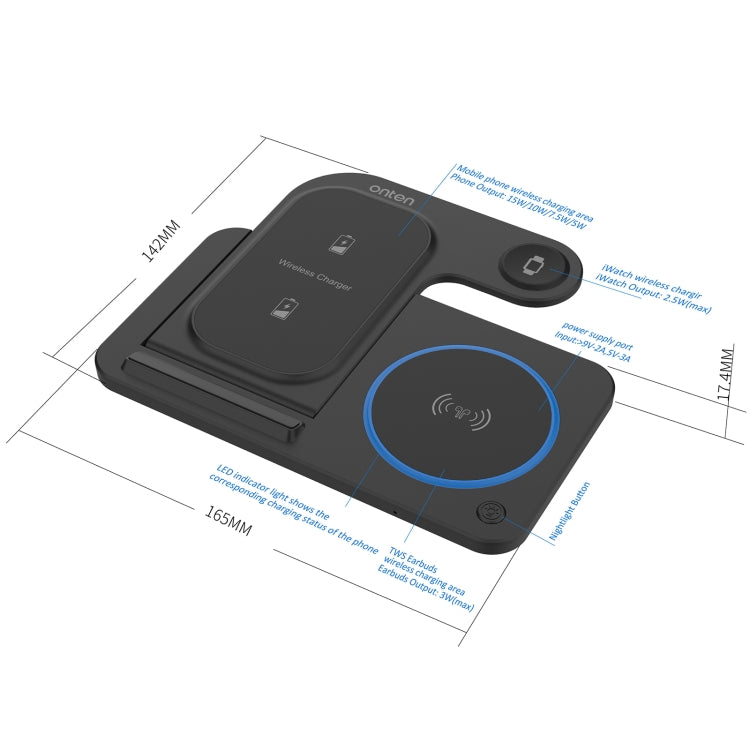 Onten CW11 3-in-1 Folding Wireless Charger (Black) – Fast Charging for Phone, Watch & Earbuds