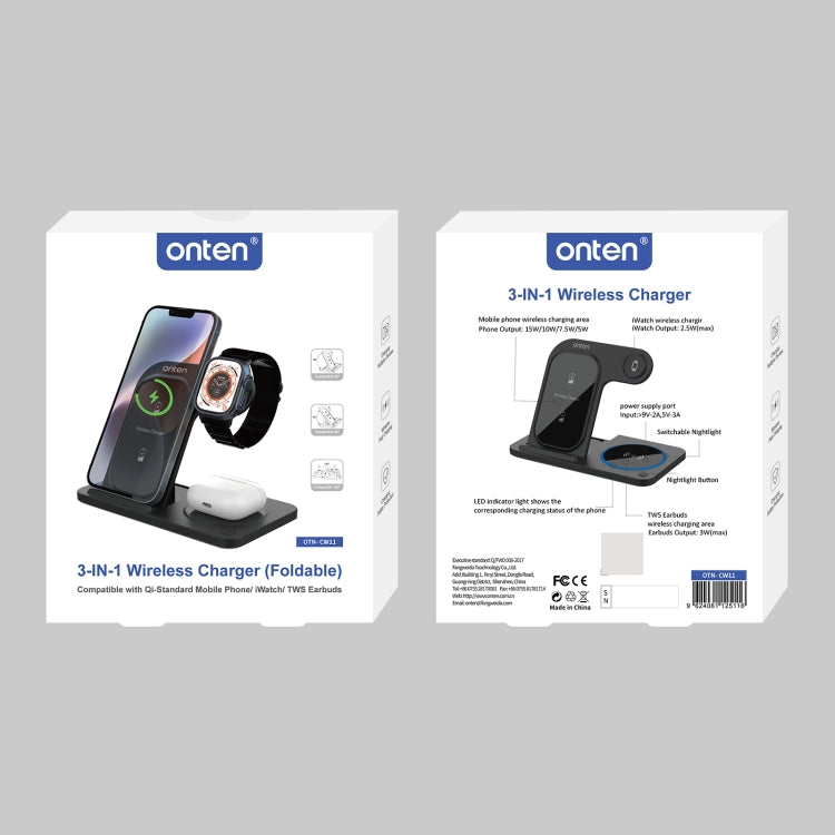 Onten CW11 3-in-1 Folding Wireless Charger (Black) – Fast Charging for Phone, Watch & Earbuds