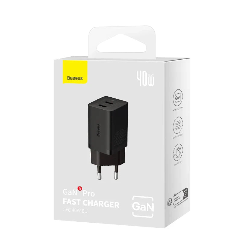 Baseus GaN5 Pro 40W Fast Charger – Ultra-Efficient Dual-Port Power Adapter
