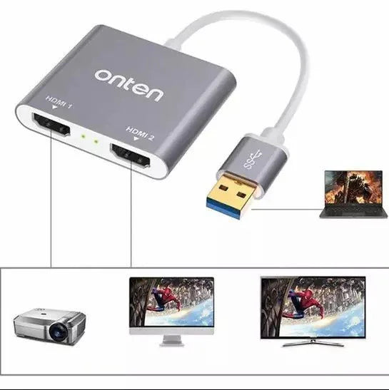 Onten USB 3.0 to Dual HDMI Adapter – 2K HD Display Extender for Multi-Screen Setup