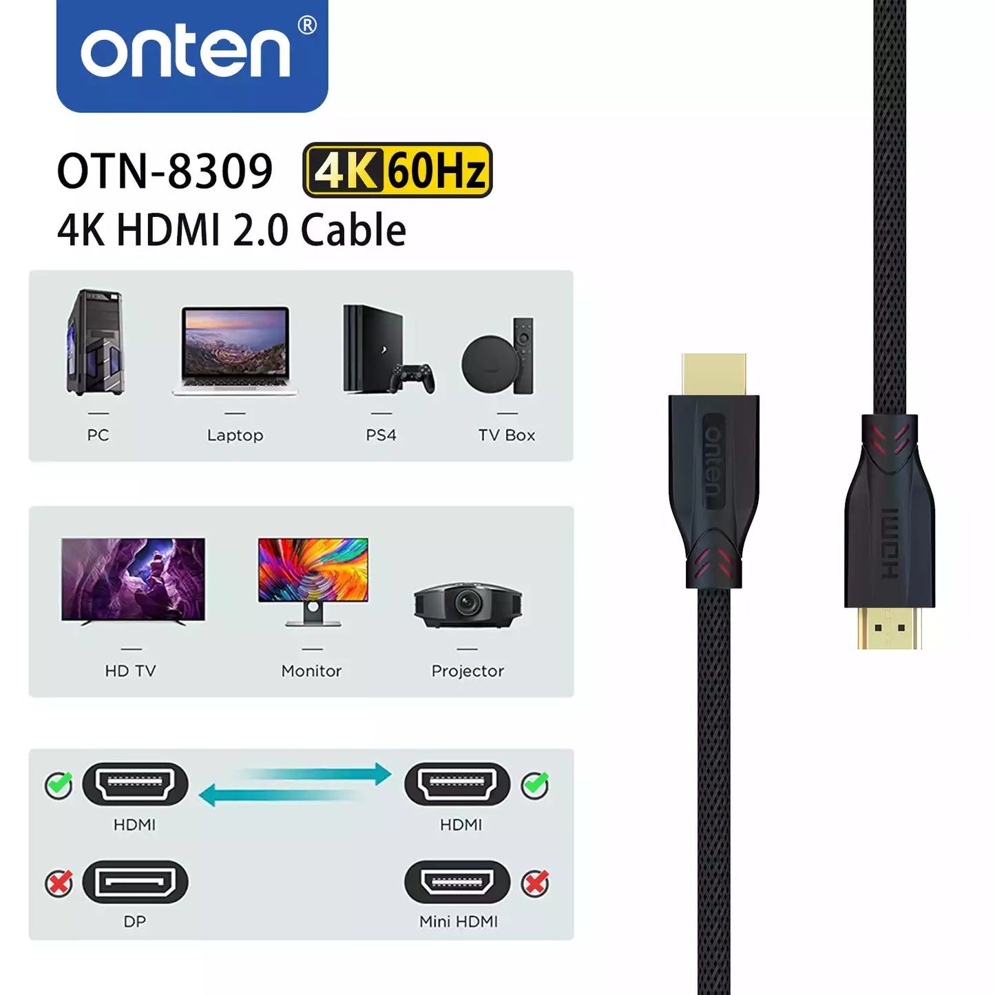 Onten OTN-8309 4K HDMI Cable (1.5M) – Ultra HD, High-Speed, HDR Support