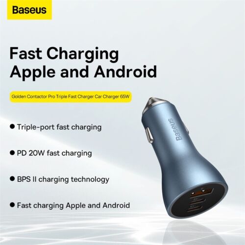Baseus 65W Golden Contactor Pro Car Charger – Triple Fast Charging | USB + Dual Type-C