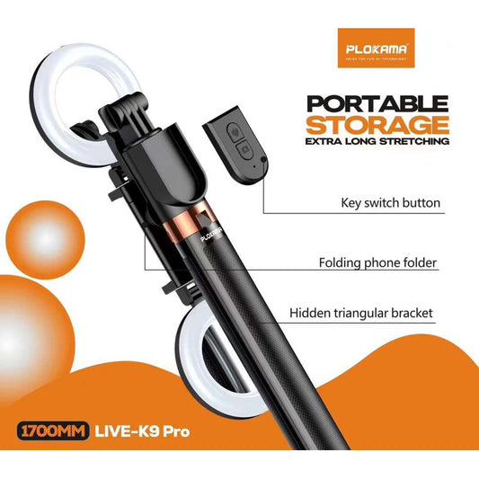 K9 Pro 1.7M LED Bluetooth Tripod & Selfie Stick – Sturdy & Versatile