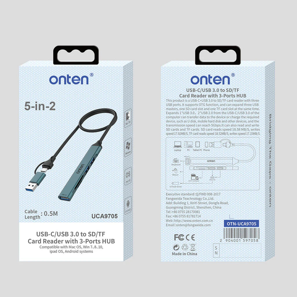 Onten UCA9705 5-in-2 USB-C Hub – Dual USB 3.0 & SD/TF Card Reader for MacBook & Type-C Devices