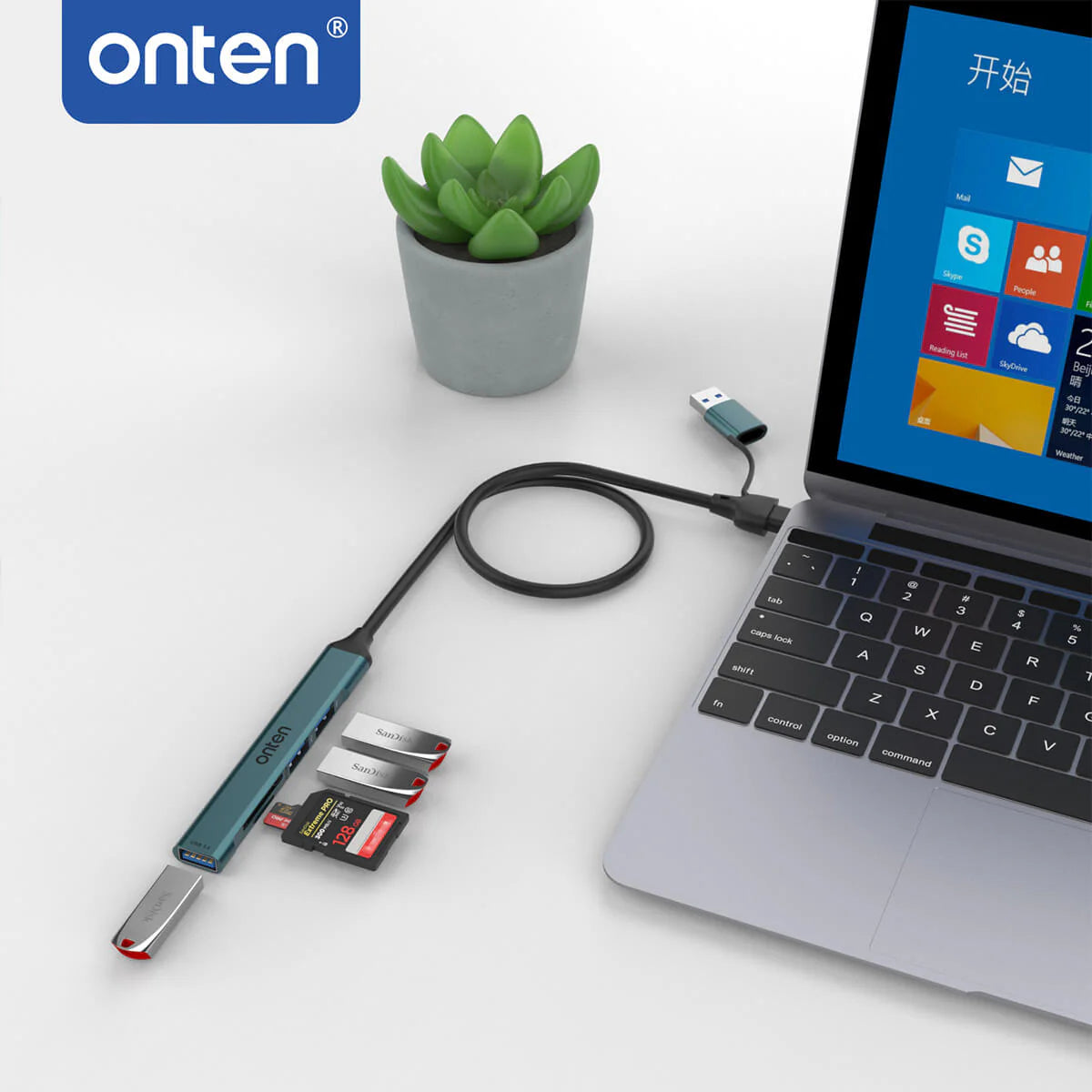 Onten UCA9705 5-in-2 USB-C Hub – Dual USB 3.0 & SD/TF Card Reader for MacBook & Type-C Devices