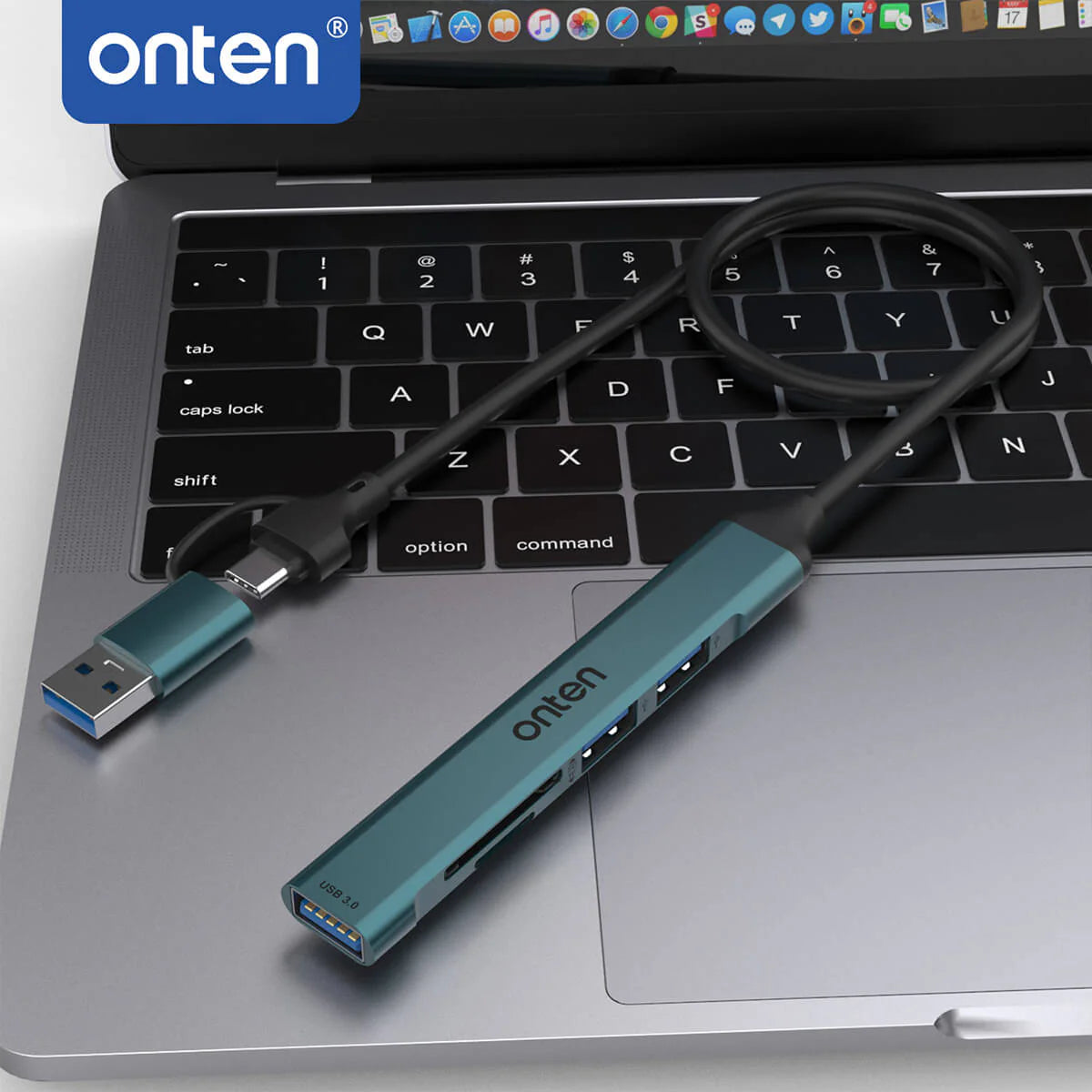 Onten UCA9705 5-in-2 USB-C Hub – Dual USB 3.0 & SD/TF Card Reader for MacBook & Type-C Devices