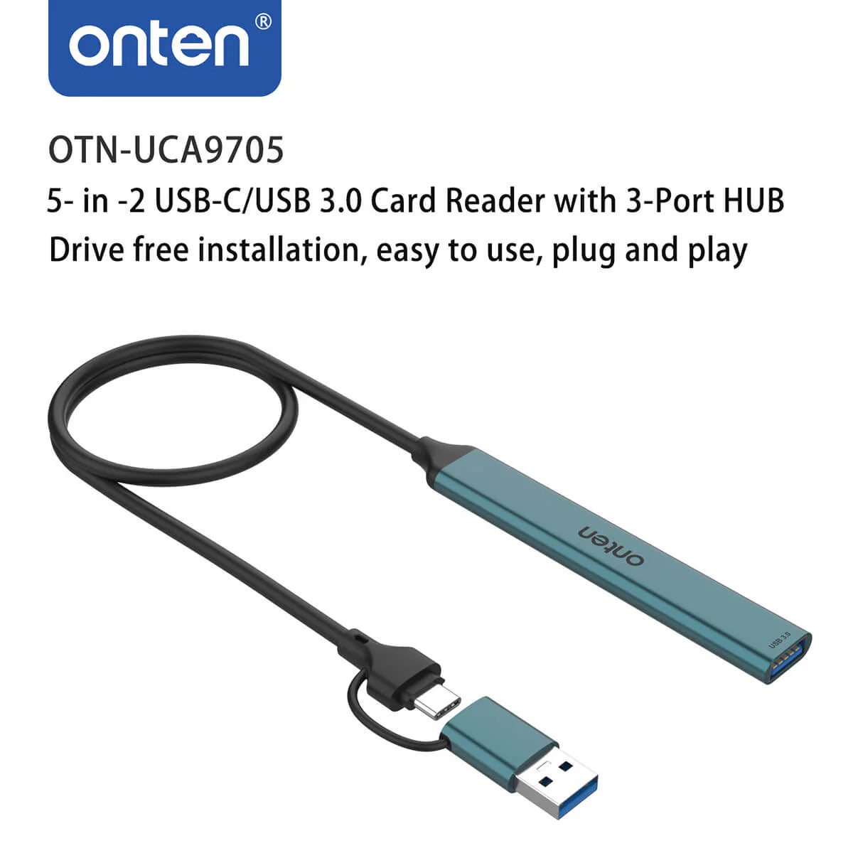 Onten UCA9705 5-in-2 USB-C Hub – Dual USB 3.0 & SD/TF Card Reader for MacBook & Type-C Devices
