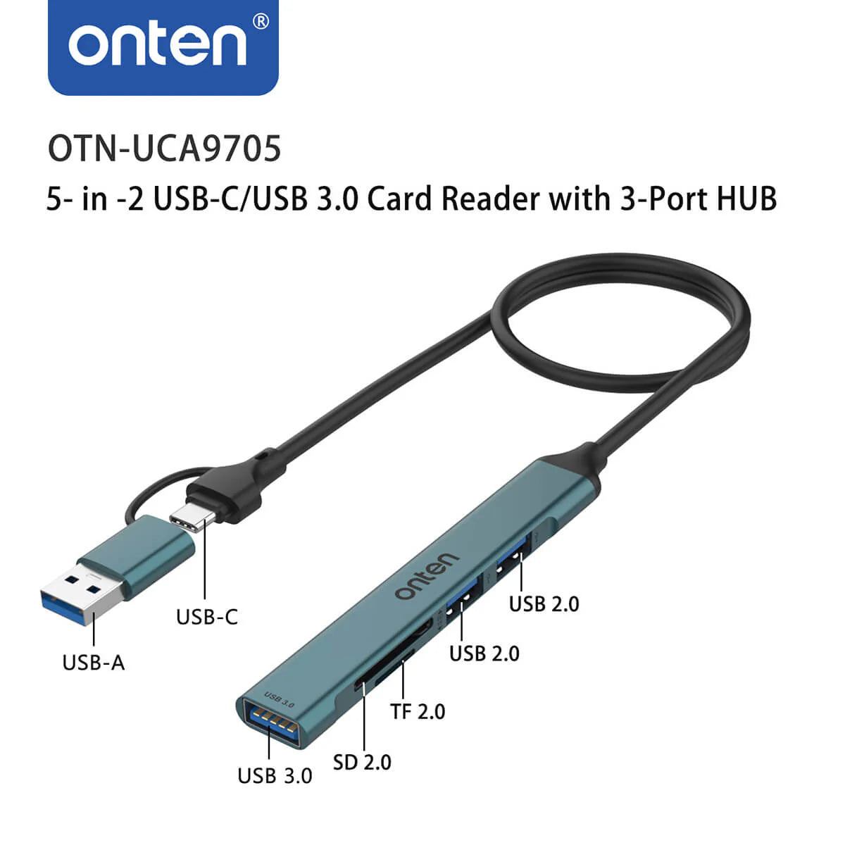 Onten UCA9705 5-in-2 USB-C Hub – Dual USB 3.0 & SD/TF Card Reader for MacBook & Type-C Devices