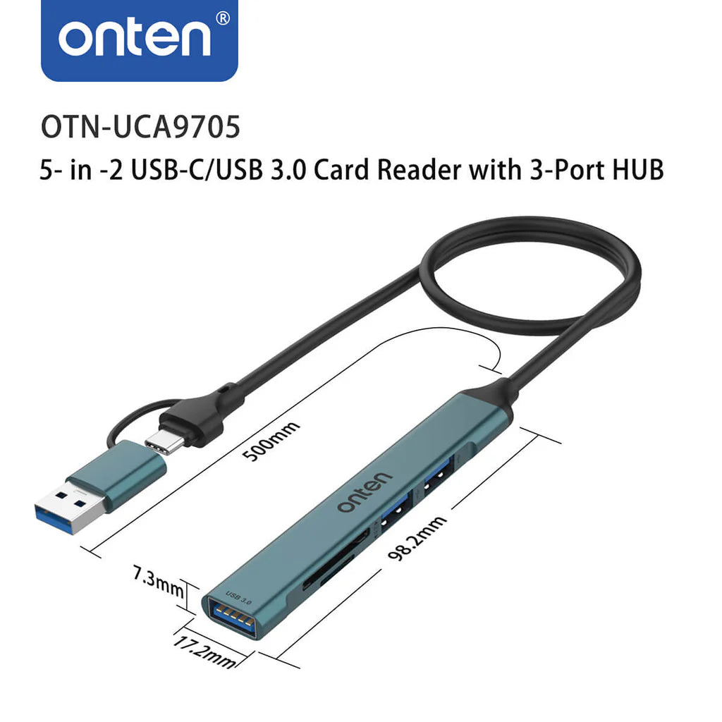 Onten UCA9705 5-in-2 USB-C Hub – Dual USB 3.0 & SD/TF Card Reader for MacBook & Type-C Devices