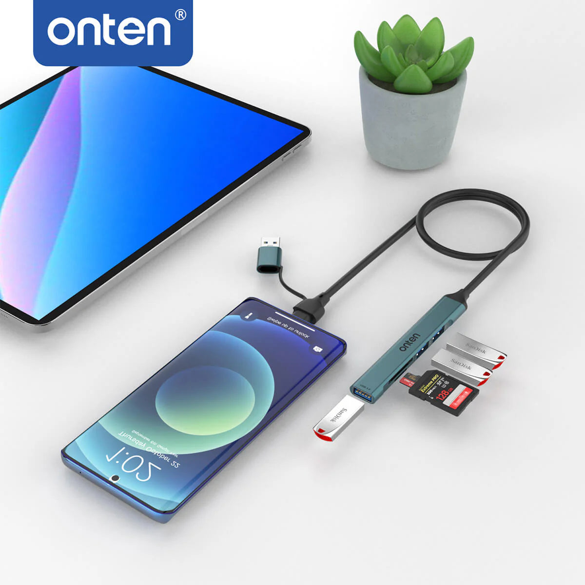 Onten UCA9705 5-in-2 USB-C Hub – Dual USB 3.0 & SD/TF Card Reader for MacBook & Type-C Devices